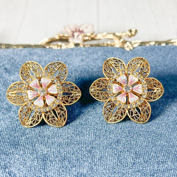 Handmade Jewelry - Pink Crystal Earrings, Handmade Gold Stud Earrings, Wedding Floral Earrings